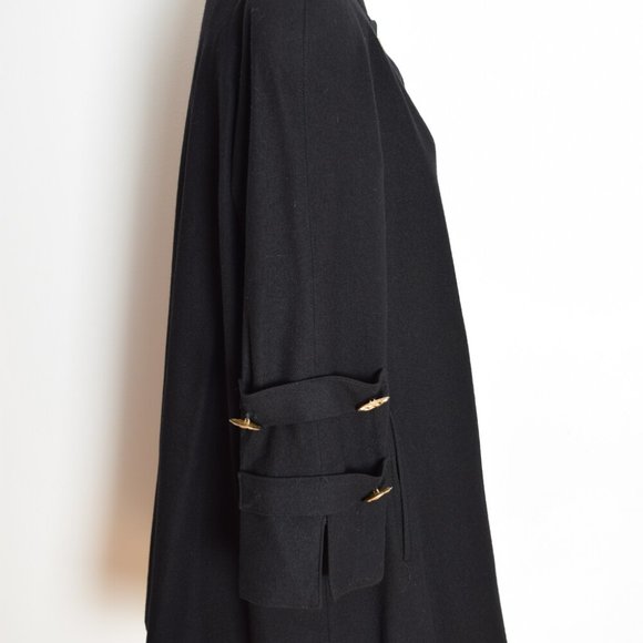 vintage 80s coat jacket black wool trapeze military brass button L XL clothing - Picture 4 of 7